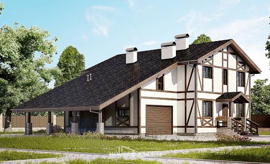 250-002-Л Проект двухэтажного дома с мансардой, гараж, просторный коттедж из кирпича Трёхгорный | Проекты домов от House Expert